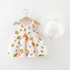 Flickklänningar Baby Girls Summer Dress Print Strawberry Bow Princess Born Clothes Outfits Söt strand med hatt 0-2 y Vestidos