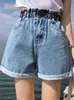 Shorts pour femmes classiques couleurs solides extension stretch haute taille féminine en denim short chic Chic Bouton S-5xl Taille Ruffle Back Trawstring Womens Short Jeans D240426