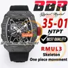 BBR 35-01 RMUL3 Mechanische handwindende herenwisseling NTPT Koolstofvezelkast Skelet Dial Zwart gevlochten Nylon Riem Super Edition Sport TrustyTime001 PolsWatch