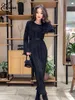 Oymimi Bodycon Pink Falten Frauenkleider 2023 Mode Slim Oneck Long Sleeve Anklelength Dress Elegant Classic Laceup 240426