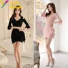 Party Dresses Elegant Black Pink Ruffled V-neck Off Shoulder Flare Sleeves Irregular Dress Korean Slim Bodycon Chic 2024