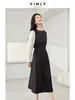 Casual jurken vimly contrast gesplitste gegolfde ronde nek jurk vrouw 2024 lente zwart elegante a-line veter-up lange mouw midi m6257