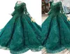 2022 Vintage Emerald Green Ball Gown Quinceanera Dresses with Long Sleeves Illusion Crystal Beads Full Lace Evening Party Gowns Cu1956493
