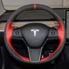 Tesla Modle3 Modley 2019-2023 Car Interior DIY Hand-Stitched Red Red Ungine LeatherNonslip Car Steering Wheelカバーに100％フィット