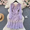 Casual Dresses 2024 Fashion French Sweet Violet Embroidery Flower Dress Women's Sexy See Through Long Sleeve Hollow Out Lace Mesh Midi