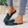 Casual Shoes 2024 Autumn Crystal Mules Slippers Women Slingback Dress Walking Flip Flops Designer Low Heels Square Toe Sandaler