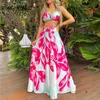 Kvinnor Casual Floral Print Halter Criss Cross Soe Up Bras Crop Tops Maxi Vacation Beach kjol Set 240423
