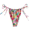 Frauen Badebekleidung Sommer Blumendruck Bikini Set Sexy Cross Halhter Bray BH mit niedriger Taille Tanga 2