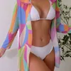 Nuovo top sulla spiaggia con stampa in rete, sexy e sciolto, costume da bagno in bikini conservativo di dimensioni, costume da bagno sexy