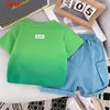 Kläder set barn kläder pojkar sommar stilig bomull kortärmad barns baby lös modegradient grön t-shirt denim shorts set