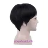 Mens full human hair wig broken bangs short straight natural fluffiness breathability and handsome hand woven spun