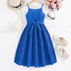 Abiti da ragazza 2024 Summer Solid Blue Bisende Dress Belt Fashion Party Vacate Casa casual Abbigliamento per bambini casual
