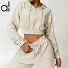 Al Yoga Suit 3D 로고 마이크로 재킷 자른 스웨트 셔츠+스웨트 팬츠 두꺼운 풀 지퍼 업 후드 브레이크 라인 LAIDBACK Streetwear Jogger Sportswear Lantern Sports Pants