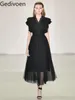 الفساتين غير الرسمية Gedivoen 2024 صيف أزياء Runway Dress Women v الرقبة المكتبة بأكمام قصيرة من الخصر Balck Long Party