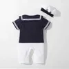 Rompers Baby Navy Jumpsuit Summer Pasgeboren Kinderen Jongens Girls Sailor Jumpsuit Hat 2pcs Body Korte Mouwen Anchor Print Setl24F