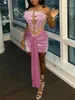 LW SXY Velvet Feather Decor Prom jurk O nek Sleevess roze feestclubkleding sexy hipster rokken patchwork vestidos 240426