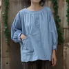 Kvinnors T-skjortor Johnature Women Vintage Blue Cotton Linen T-shirts Patchwork Pockets Tees 2024 Spring O-Neck långärmad lös