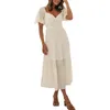 Casual Dresses Women White Long Dress Short Puff Sleeve Sweethear Neck Backless Tie Up Flowy Summer