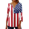 Damen T -Shirts Blocktunika Tops für Frauen Independence Day Crewneck Bluse Knöpfe plissierte 3/4 -Ärmel lose Pullover Shirt Store Ropa de