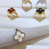 Hot Van V Gold Lucky Four Leaf Grass Series Ring Womens Full Diamond Agate Natural White Shell With Logo