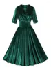 Party Dresses Green Ruched V-Neck Christmas Velvet Dress For Women Autumn Winter Half Sleeve High Waist Vintage Swing Elegant