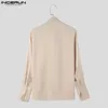 Men's Casual Shirts Korean Style Ribbon Pleated Glitter Design Male Solid All-match Long Sleeved Blouse S-5XL INCERUN Tops 2024