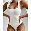 2021 New Sexy Female Swimsuit Vintage One Piece Ruffled Push Up Solid Red Swimwear Women Monokini Padded Bathing Suits