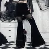 Calça feminina y2k veludo gótico Veja através de inverno malha de retalhos grunge streetwear vintage preto e garota flare 2024