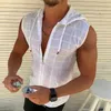 Men's Tank Tops Mens fashionable summer beach style sleeve zippered hooded T-shirt casual beach vest hooded beach sun protection suitL2404