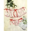 Fun Underwear Sexy Women's Red Ribbon Mesh Printing Perspective Underwear Set