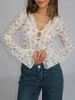 Camisetas femininas Women S V LACE LACE CROCHET BOHO TUNCA TUNIC LANÇA LONGA MANA