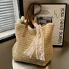 Yogodlns vintage kobiety tkaninowe torba na ramię solidną koronkową wstążkę torebki torebki wiklinowe boho słomka torba na plażę beżową torbę 240420