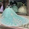 Mint groene kralen linten lieverd quinceanera jurken baljurk prinses appliques kanten corset vestidos de 15 anos