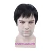 Mens full human hair wig broken bangs short straight natural fluffiness breathability and handsome hand woven spun