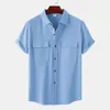 Linen Shirt, Men's Short Sleeved, Quarter Sleeved Cotton and Linen Shirt, Solid Color, Simple and Casual, Summer