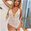 Womens Sleepwear One Piece Close Fitting Clothes Transparent Lace Y V-Neck Backless Crotch Open Lingerie Mini Short Drop Delivery Appa Otocz