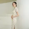 Etnische kleding vrouwen beige cheongsam bloemen korte mouw vintage chiffon jurk lente slanke elegante qipao -kant s tot 3xl