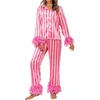 Women's Sleepwear Xingqing Satin Pajama Set Y2k Clothes Women Pink Striped Single Breasted Shirt Top With Feather Trim And Long Pants