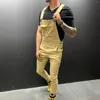 Męskie dżinsy stylowe mężczyzn streetwear kombinezon stały kolor Slim Fit BIB Jumpsuits Style ładunkowe swobodny pasek dżinsowy pasek