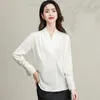 Kvinnor BLOUSES 2024 Office Lady Elegant Shirts Women White Glossy Silk Tops With Chic Brodery Cuff Patchwork Design Shirt Han Style Look