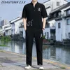 China bordado de linho vintage hanfu conjunta estilo chinês masculino masculino tradicional kung fu taichi calça superior masculino algodão 240415