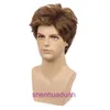 Mens wig headband dark brown short curly hair synthetic fiber mechanism wigs