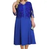 Casual Dresses Elegant Hollow Design Shawl Coat Set Floral Lace Embroidery Midi Dress For Plus Size Women O-neck Party Outfit