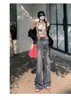 Jeans femininos 20243 Trendência da moda retro velha cintura alta solta garotinha rua larga perna larga micro trompete de esfrego
