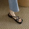 Casual Shoes 2024 French Retro Woven Roman Sandals Women's Summer Flat Bottom Low Heel Soft Leather Square Head Breattable