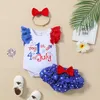 Zestawy odzieży 4 lipca Dziewczęta Baby Dziewczyny Drukuj koronkowy rękaw Rompers Bowknot Ruffles Stars Shorts Pałąk na głowę Zestaw ubrania 3PCS