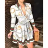 2023 Spring Casual Dresses Plus Size 3XL Women Lace Up Button Down Chain Printed Lapel Neck Party Dress Sexig Bandage kjol Casual kjol