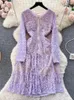 Casual Dresses 2024 Fashion French Sweet Violet Embroidery Flower Dress Women's Sexy See Through Long Sleeve Hollow Out Lace Mesh Midi