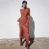 Casual jurken vallen maxi jurk met lange mouwen voor vrouwen 2023 mode bodycon slanke chiffon rood print feest elegant vestidos s63d2