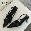 Liyke Sexy Slingbacks Narrow Band Buckle Strap Pumps Women Pointed Toe Low Thin Heels Wedding Party Mules Shoes Female Sandals 240410